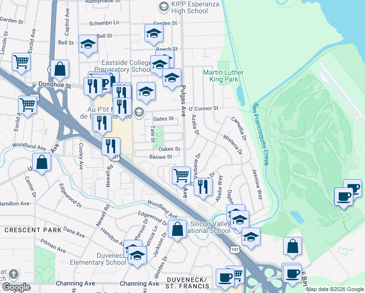 map of restaurants, bars, coffee shops, grocery stores, and more near 939 Oakes Street in East Palo Alto