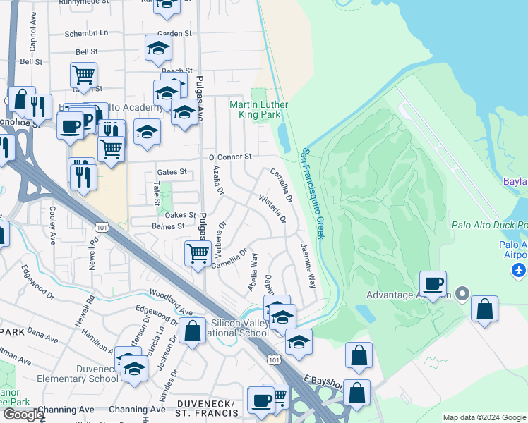 map of restaurants, bars, coffee shops, grocery stores, and more near 140 Azalia Drive in East Palo Alto