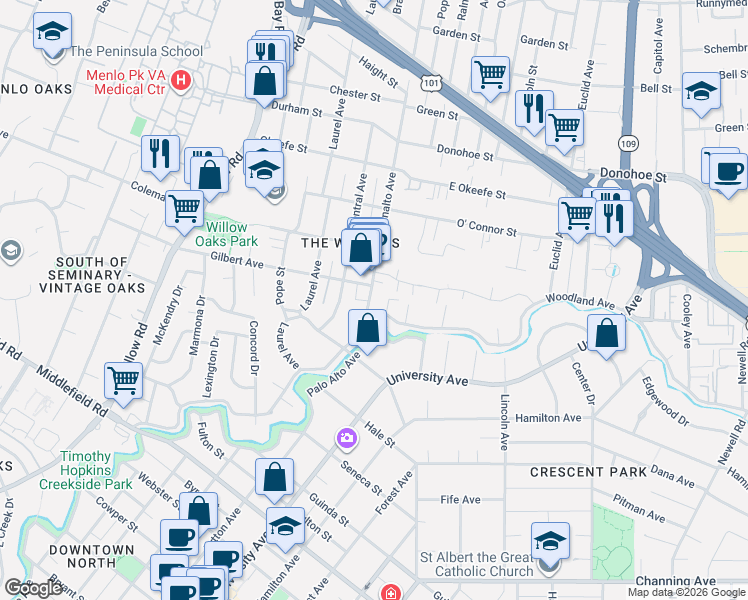 map of restaurants, bars, coffee shops, grocery stores, and more near 1908 Menalto Avenue in Menlo Park