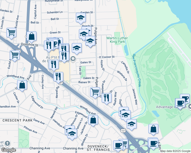 map of restaurants, bars, coffee shops, grocery stores, and more near 939 Oakes Street in East Palo Alto