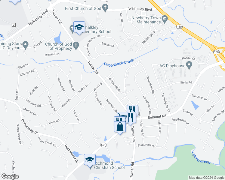 map of restaurants, bars, coffee shops, grocery stores, and more near 3914 Bridget Court in Richmond
