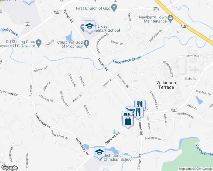 map of restaurants, bars, coffee shops, grocery stores, and more near 3801 Grizzard Drive in Chesterfield