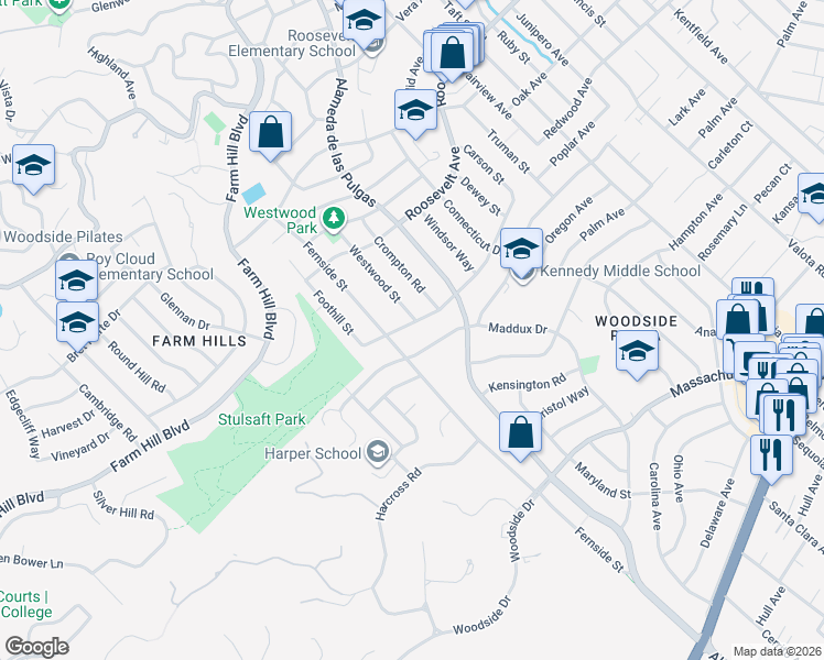 map of restaurants, bars, coffee shops, grocery stores, and more near 2903 Carson Street in Redwood City