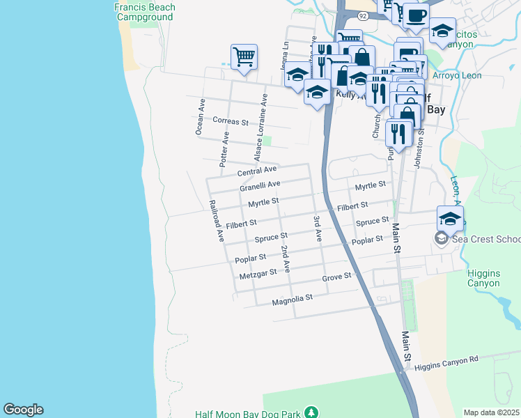 map of restaurants, bars, coffee shops, grocery stores, and more near Myrtle Street in Half Moon Bay