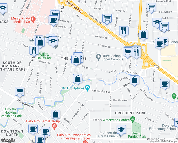 map of restaurants, bars, coffee shops, grocery stores, and more near 194 Oak Court in Menlo Park