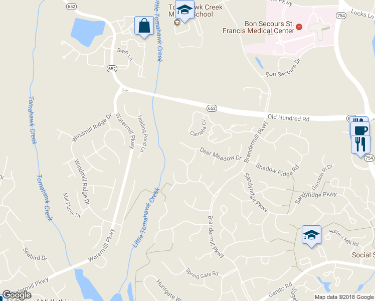 map of restaurants, bars, coffee shops, grocery stores, and more near 14405 Deer Meadow Drive in Midlothian