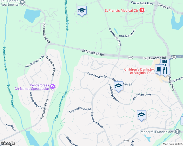 map of restaurants, bars, coffee shops, grocery stores, and more near 14304 Deer Meadow Drive in Midlothian