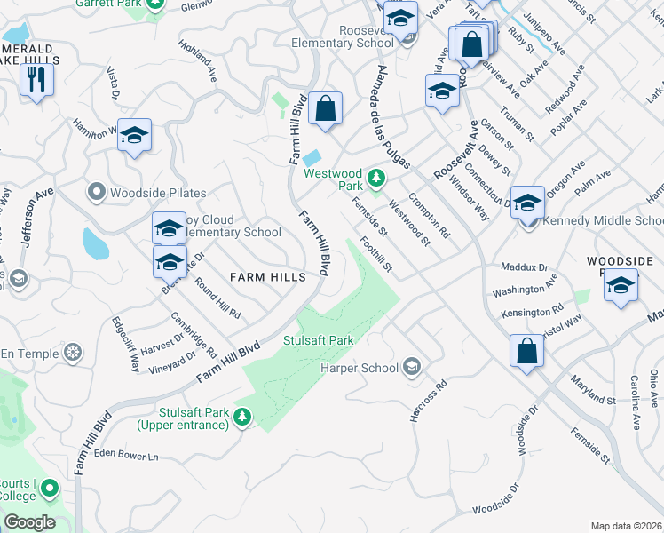 map of restaurants, bars, coffee shops, grocery stores, and more near 3695 Farm Hill Boulevard in Redwood City