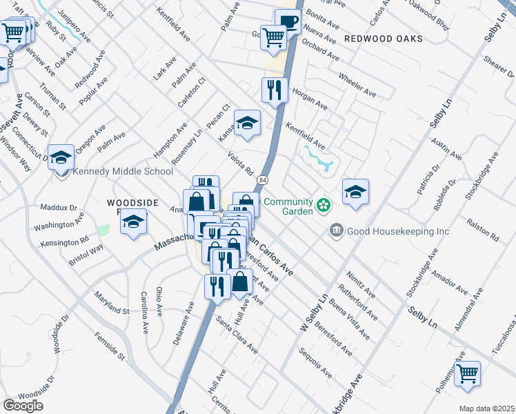 map of restaurants, bars, coffee shops, grocery stores, and more near 2 Woodside Road in Redwood City
