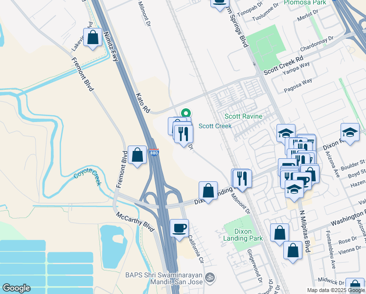map of restaurants, bars, coffee shops, grocery stores, and more near 49111 Milmont Dr in Fremont