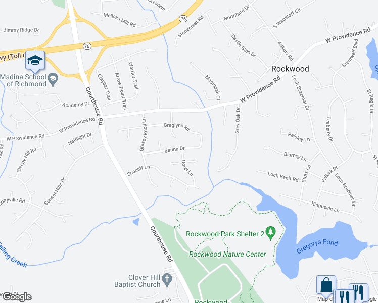 map of restaurants, bars, coffee shops, grocery stores, and more near 10221 Sauna Drive in Richmond
