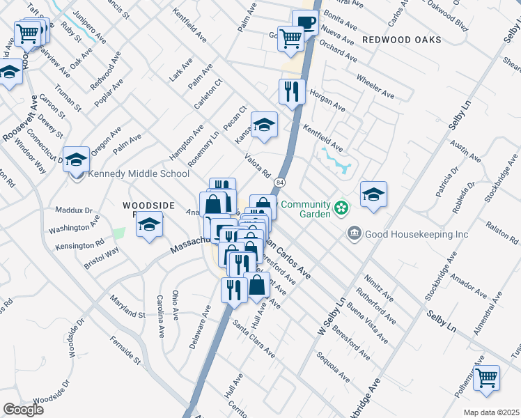 map of restaurants, bars, coffee shops, grocery stores, and more near 1328 Woodside Road in Redwood City