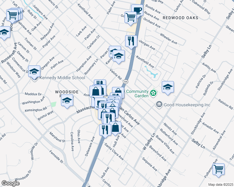 map of restaurants, bars, coffee shops, grocery stores, and more near 1328 Woodside Road in Redwood City