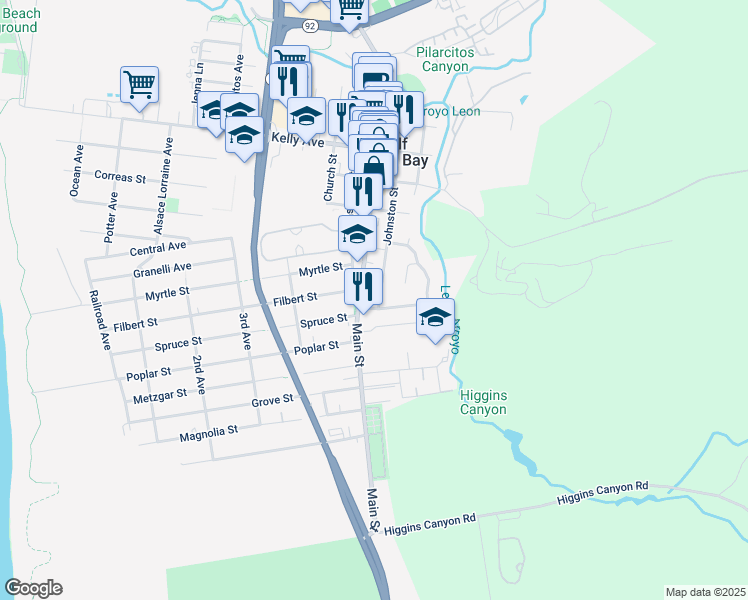 map of restaurants, bars, coffee shops, grocery stores, and more near 845 Main Street in Half Moon Bay