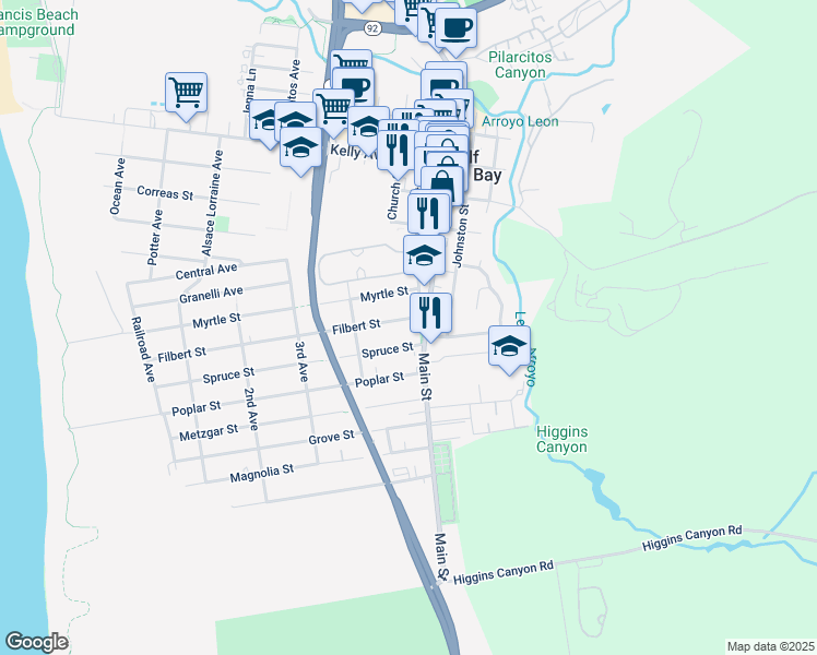 map of restaurants, bars, coffee shops, grocery stores, and more near 651 Spruce Street in Half Moon Bay