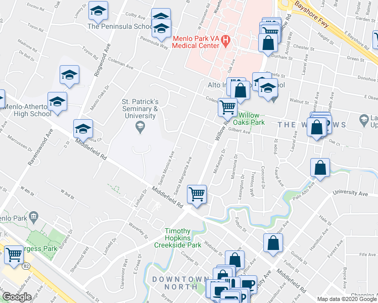 map of restaurants, bars, coffee shops, grocery stores, and more near 263 Santa Margarita Avenue in Menlo Park