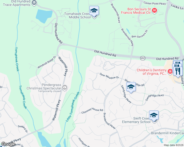 map of restaurants, bars, coffee shops, grocery stores, and more near 14407 Deer Meadow Drive in Midlothian