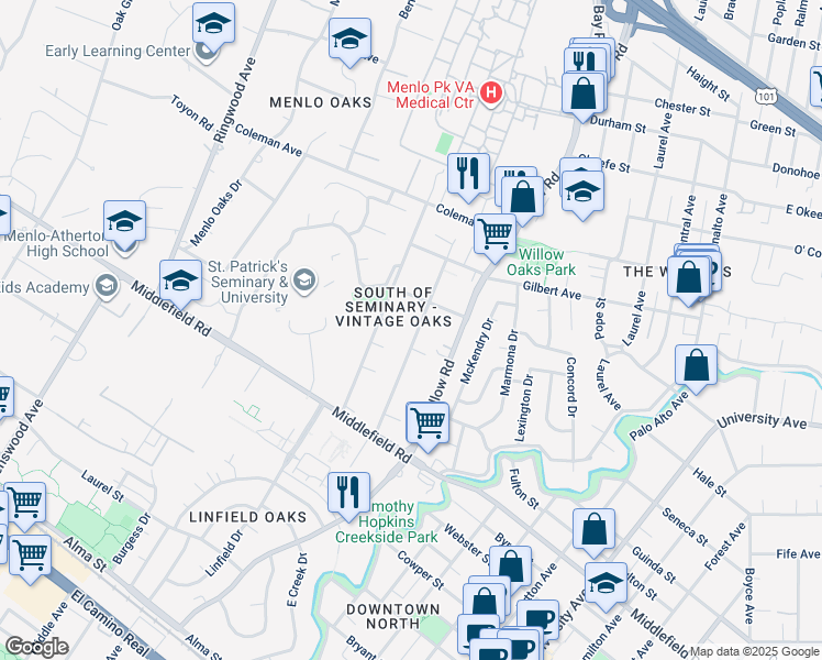 map of restaurants, bars, coffee shops, grocery stores, and more near 263 Santa Margarita Avenue in Menlo Park