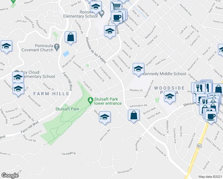 map of restaurants, bars, coffee shops, grocery stores, and more near 2829 Carson Street in Redwood City