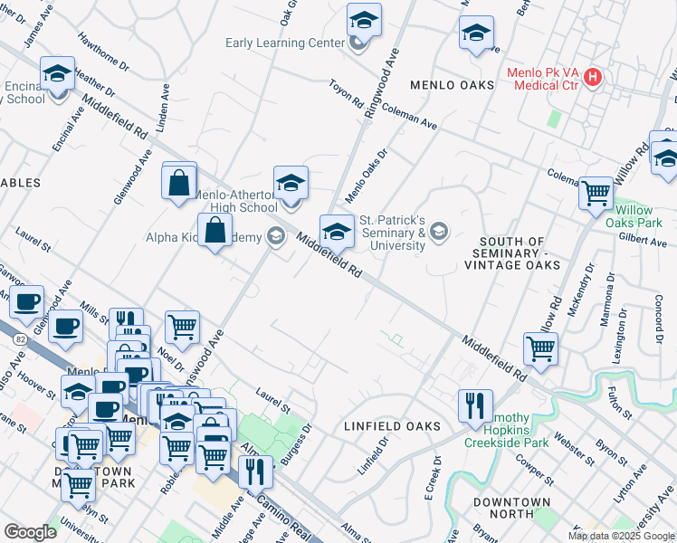 map of restaurants, bars, coffee shops, grocery stores, and more near 555 Middlefield Road in Menlo Park