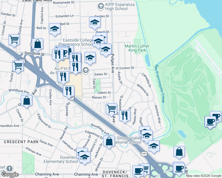 map of restaurants, bars, coffee shops, grocery stores, and more near 956 Mouton Circle in East Palo Alto