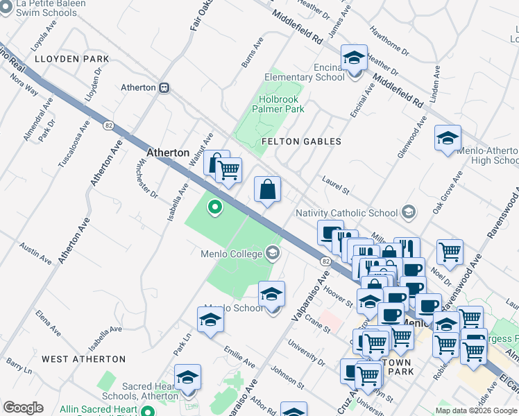 map of restaurants, bars, coffee shops, grocery stores, and more near 1600 California 82 in Menlo Park