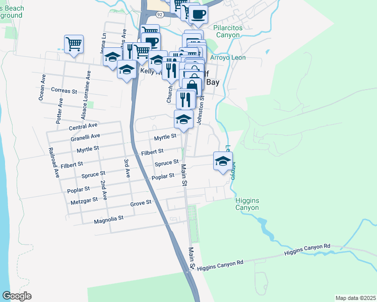 map of restaurants, bars, coffee shops, grocery stores, and more near 845 Main Street in Half Moon Bay
