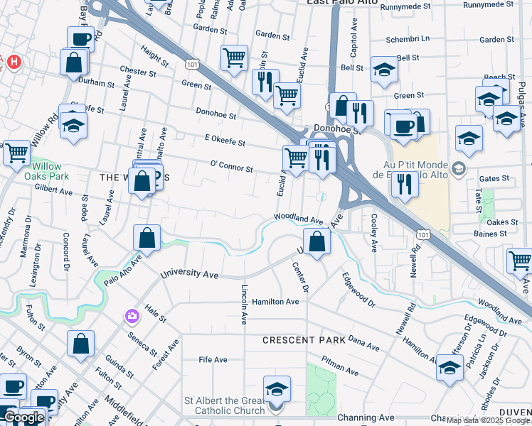 map of restaurants, bars, coffee shops, grocery stores, and more near 488 Oak Court in Menlo Park