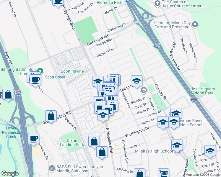map of restaurants, bars, coffee shops, grocery stores, and more near 1839 Sunnyhills Court in Milpitas