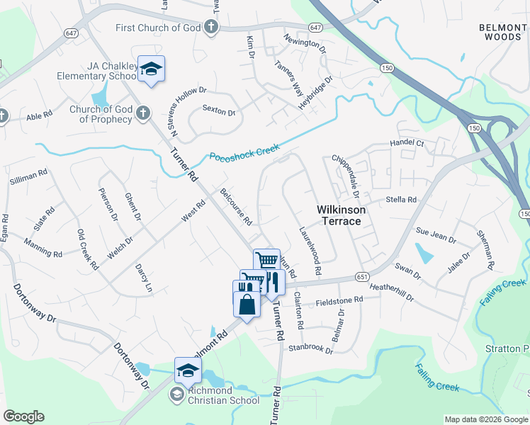 map of restaurants, bars, coffee shops, grocery stores, and more near 6300 Broyhill Court in Richmond