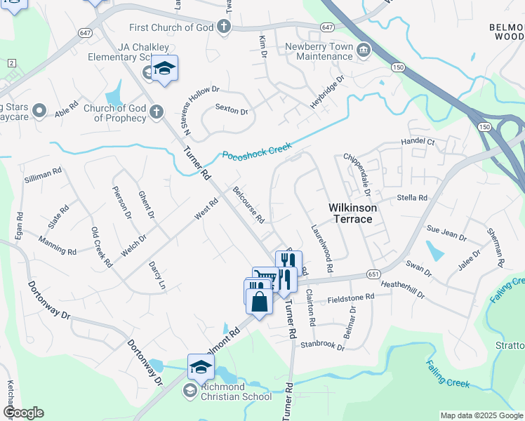 map of restaurants, bars, coffee shops, grocery stores, and more near 3923 Breezy Court in Richmond