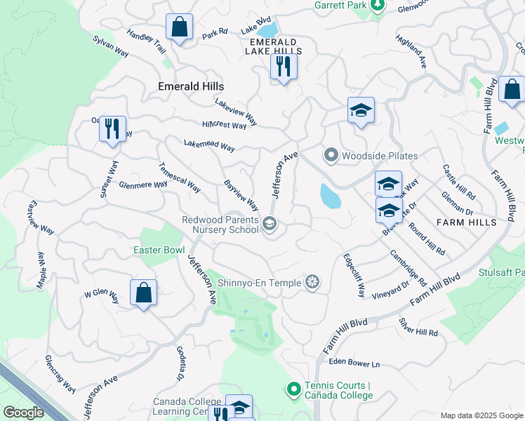 map of restaurants, bars, coffee shops, grocery stores, and more near 841 Bayview Way in Emerald Hills