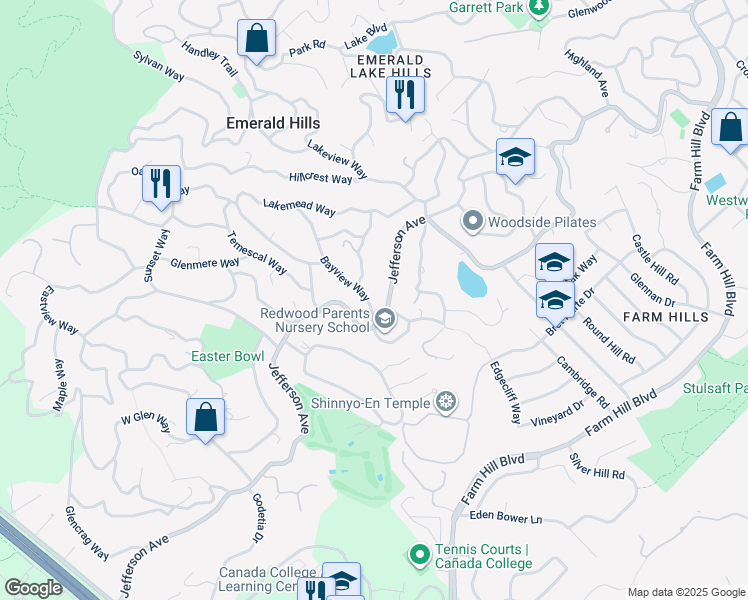 map of restaurants, bars, coffee shops, grocery stores, and more near 841 Bayview Way in Emerald Hills