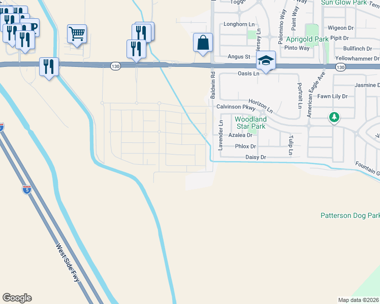 map of restaurants, bars, coffee shops, grocery stores, and more near 16215 Baldwin Road in Patterson