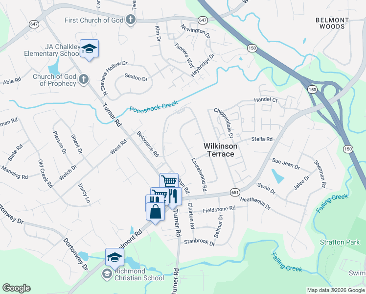 map of restaurants, bars, coffee shops, grocery stores, and more near 4100 Walderbrook Court in Richmond
