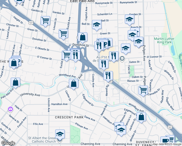 map of restaurants, bars, coffee shops, grocery stores, and more near 2 Newell Court in East Palo Alto