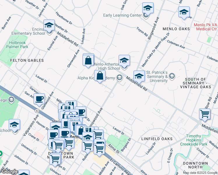 map of restaurants, bars, coffee shops, grocery stores, and more near 208 Ravenswood Avenue in Menlo Park