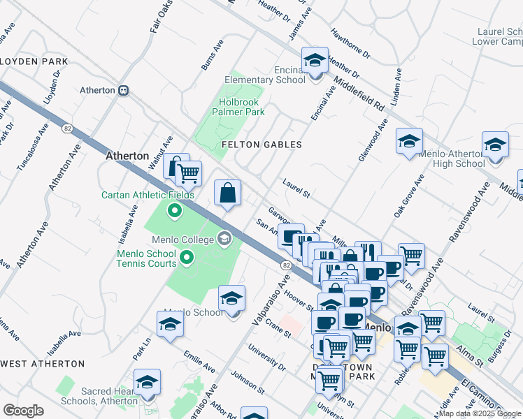 map of restaurants, bars, coffee shops, grocery stores, and more near 1550 Encinal Avenue in Menlo Park