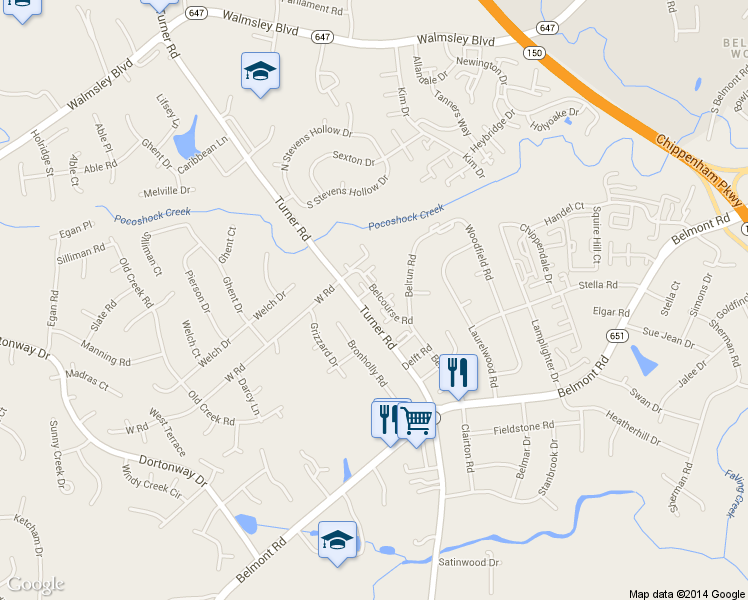 map of restaurants, bars, coffee shops, grocery stores, and more near 3834 Beechtree Court in Richmond