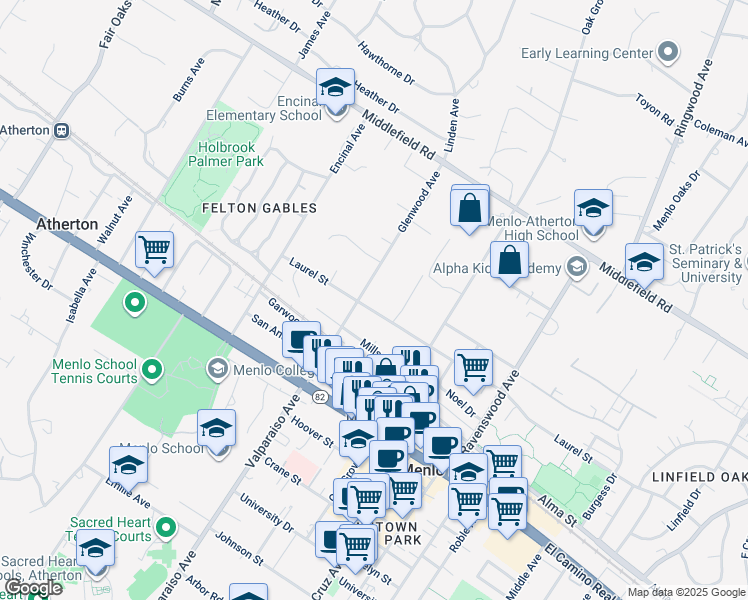 map of restaurants, bars, coffee shops, grocery stores, and more near 110 Glenwood Avenue in Atherton