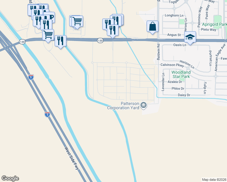 map of restaurants, bars, coffee shops, grocery stores, and more near 2236 Sperry Avenue in Patterson