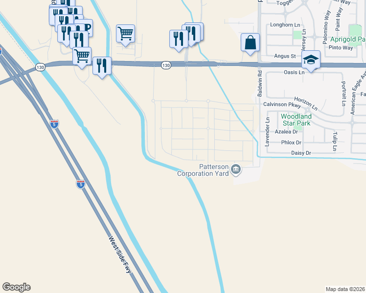 map of restaurants, bars, coffee shops, grocery stores, and more near 2236 Sperry Avenue in Patterson