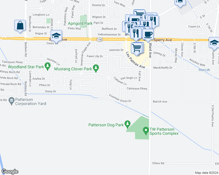 map of restaurants, bars, coffee shops, grocery stores, and more near 252 Garden Patch Way in Patterson