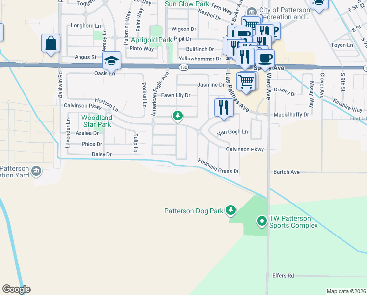 map of restaurants, bars, coffee shops, grocery stores, and more near 261 Cherry Blossom Lane in Patterson
