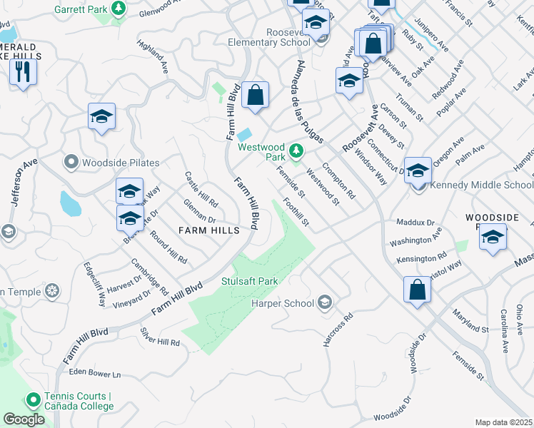 map of restaurants, bars, coffee shops, grocery stores, and more near 1208 Foothill Street in Redwood City
