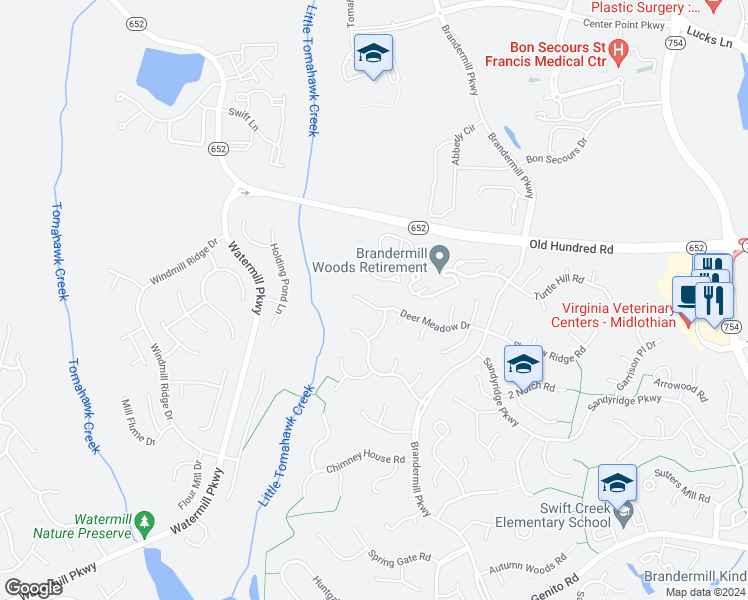 map of restaurants, bars, coffee shops, grocery stores, and more near 14404 Deer Meadow Drive in Midlothian