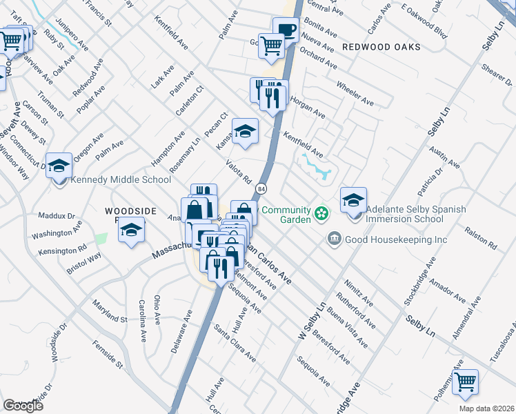 map of restaurants, bars, coffee shops, grocery stores, and more near 1227 Woodside Road in Redwood City