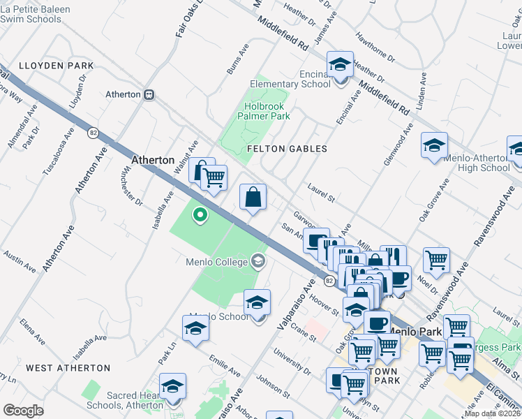 map of restaurants, bars, coffee shops, grocery stores, and more near 169 Stone Pine Lane in Menlo Park