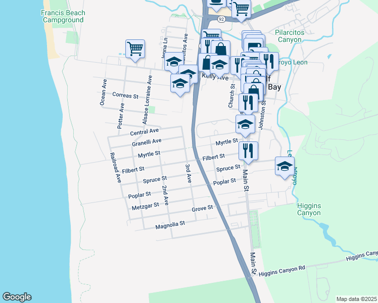 map of restaurants, bars, coffee shops, grocery stores, and more near 547 Cabrillo Highway South in Half Moon Bay