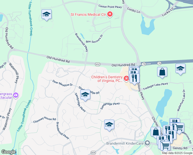 map of restaurants, bars, coffee shops, grocery stores, and more near 13801 Shadow Ridge Road in Midlothian